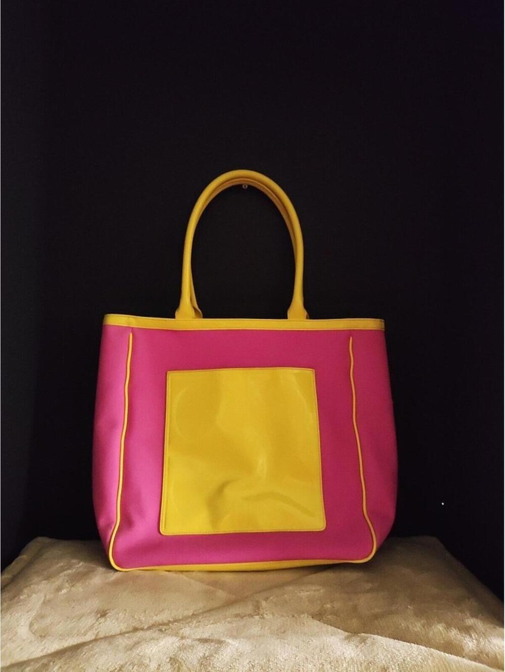 VTG 80s Liz Claiborne Color block Tote Bag Canvas PinkYellow make up bag incl
